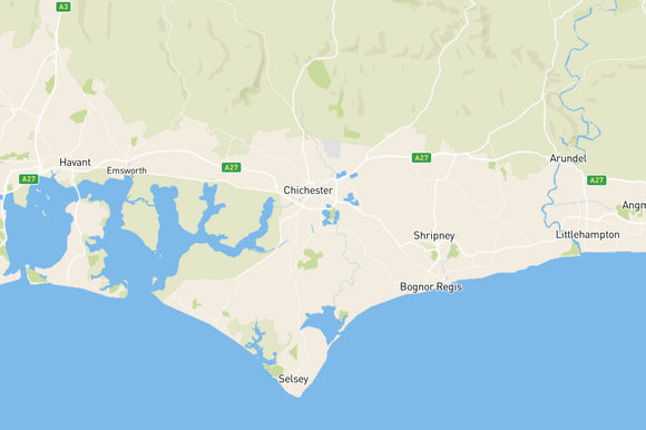 Map showing where Fallows undertake valuations in the Chichester area including West Dean, Emsworth, Selsey, Witterings, Bosham and Tangmere.