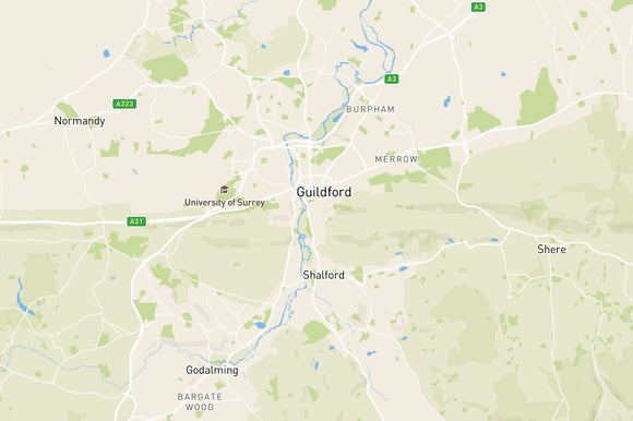Map showing where Fallows undertake valuations in the Guildford area including Godalming, Shere, Burpham, Normandy and the Surrey Hills.