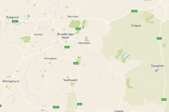 Map showing where Fallows undertake valuations in the Horsham area including Broadbridge HEath, Southwater, Warnham, Billingshurst and Rudgwick