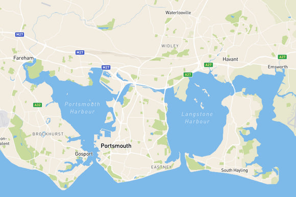 Map showing where Fallows undertake valuations in the Portsmouth area including Southsea, Cosham, Havant, Waterlooville and Hayling Island.