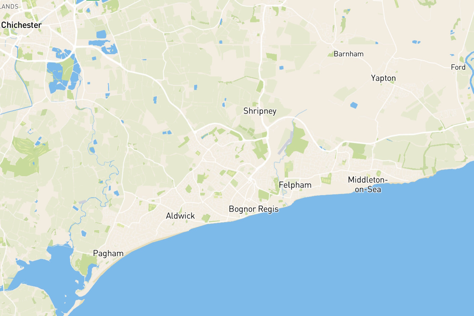 Map showing where Fallows undertake valuations in the Bognor Regis area including Felpham, Pagham, Middleton-on-Sea, Yapton, Eastergate, Westergate and Barnham