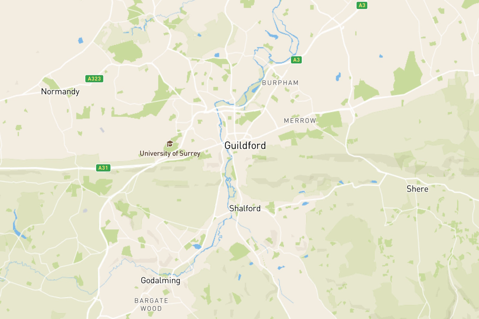 Map showing where Fallows undertake valuations in the Guildford area including Godalming, Shere, Burpham, Normandy and the Surrey Hills.