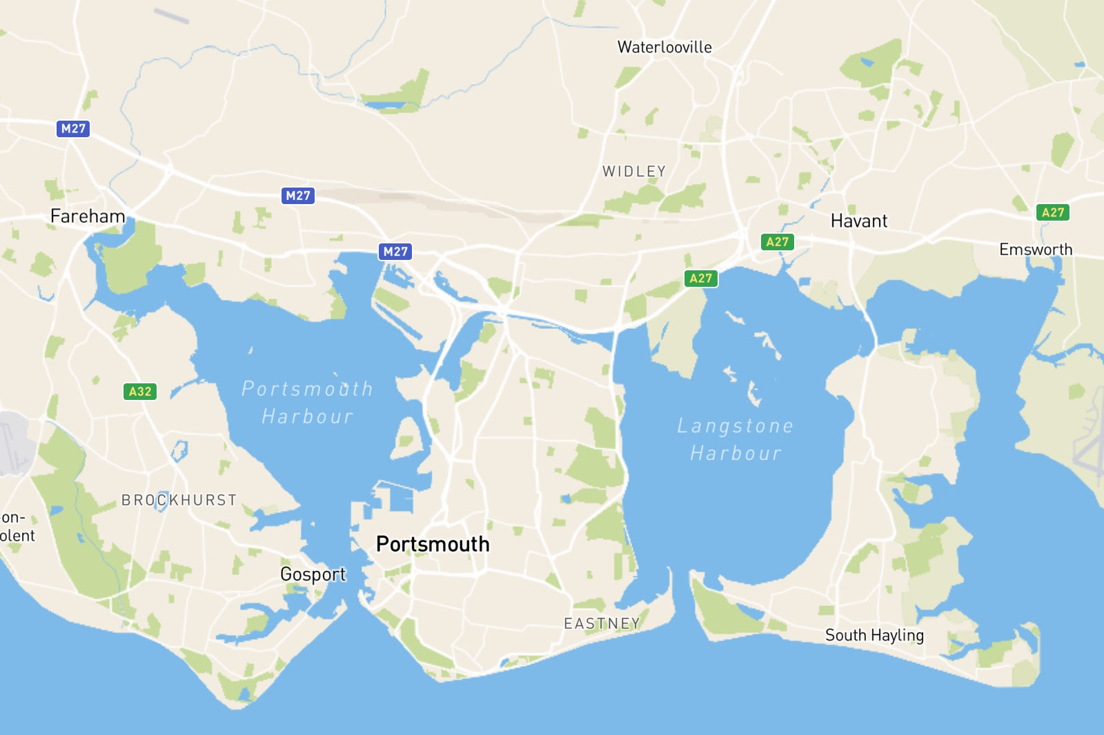 Map showing where Fallows undertake valuations in the Portsmouth area including Southsea, Cosham, Havant, Waterlooville and  Hayling Island.